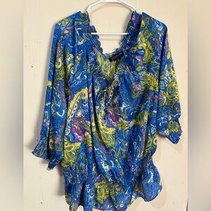 Jones New York Signature 2X Blue Paisley Print 3/4 Sleeve Blouse Career Artsy
